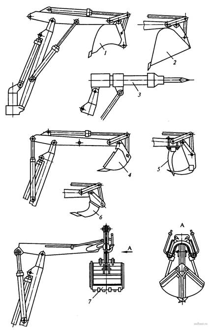 Схемы монтажа сменных рабочих органов неполноповоротного экскаватора