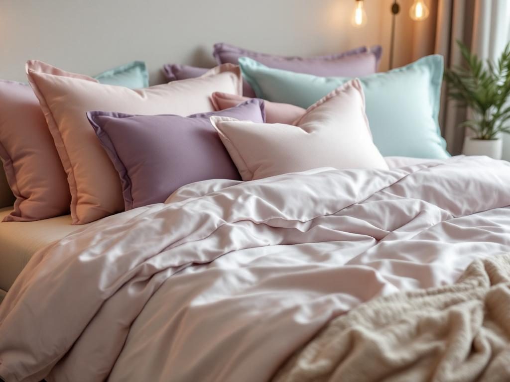 В спальне сатин также используется для изготовления покрывал и декоративных подушек