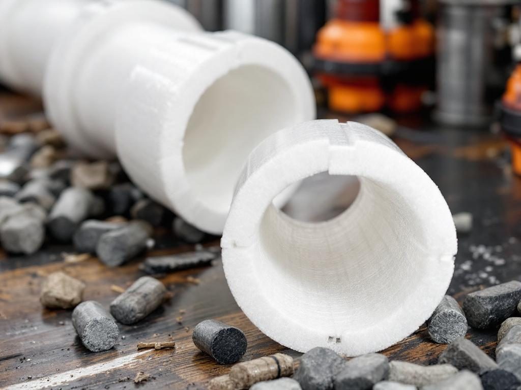 На фото — скорлупа из пенополистирола, которая используется для теплоизоляции трубопроводов, предотвращает промерзание и теплопотери.