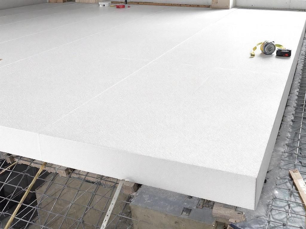 Пример утепления пола пенопластом высокой плотности, который выдерживает нагрузку стяжки и мебели.