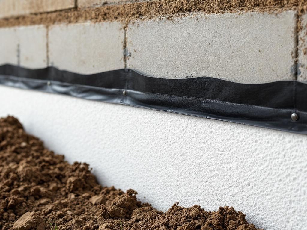 Фотография демонстрирует процесс утепления фундамента пенопластом, защищающим от промерзания и влаги.