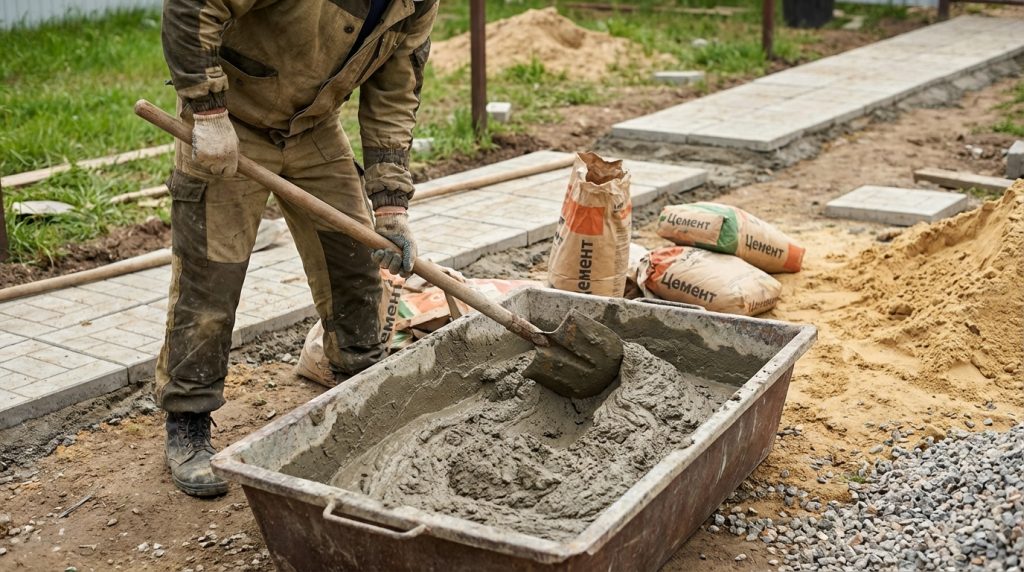 Замес цементного раствора для дорожки
