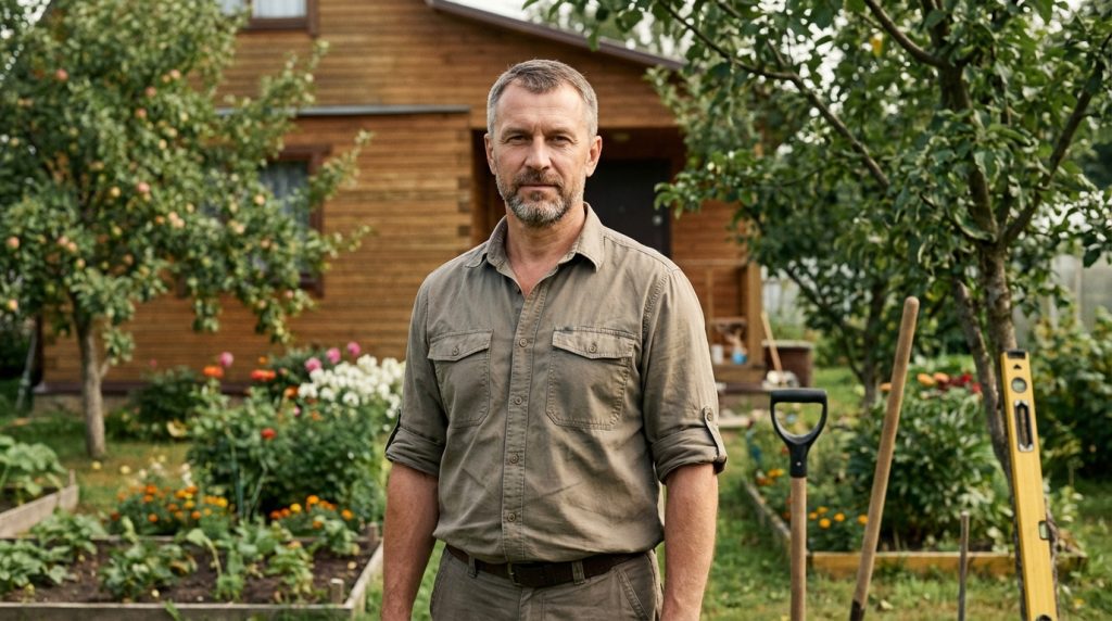 Сергей Ковалёв — портрет инженера-строителя на фоне дачного участка