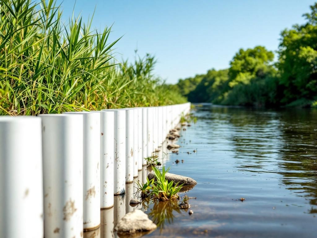Берег реки, укреплённый ПВХ-шпунтом, с зелёными насаждениями