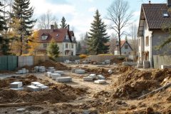 Начальный этап строительства частного дома: вырытый фундамент, строительные материалы и инструменты на участке