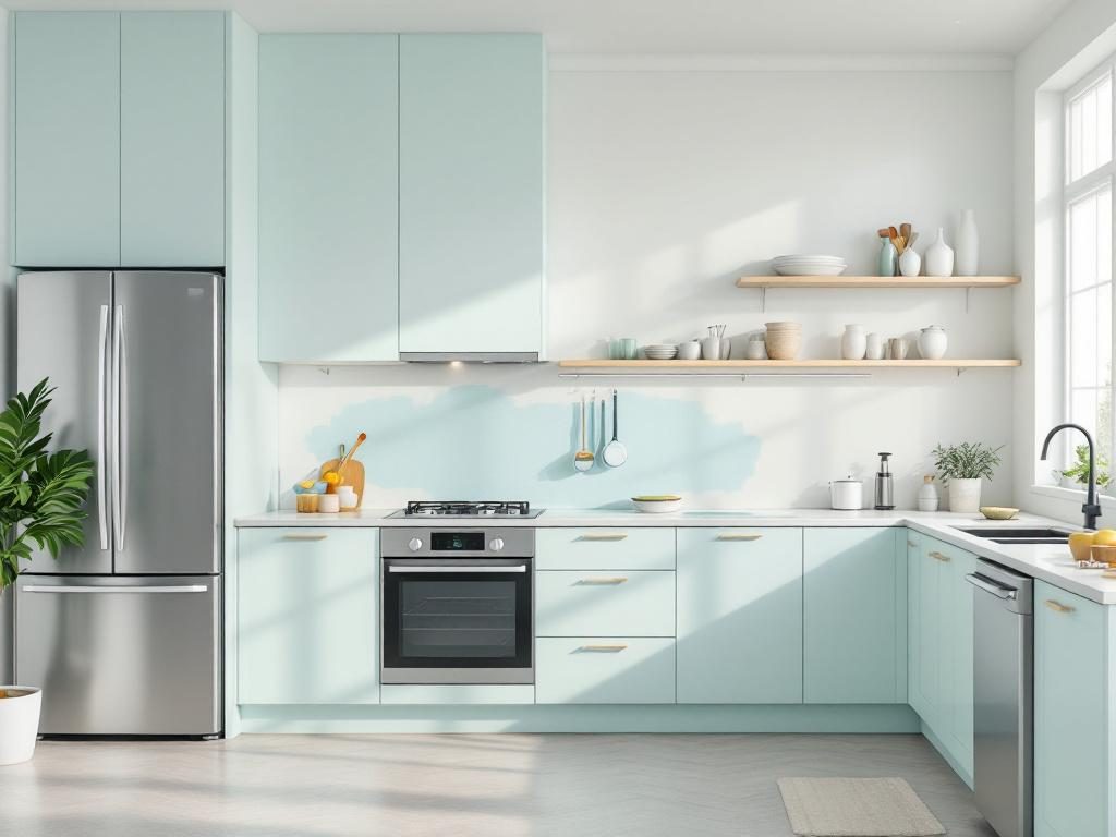 Свежеокрашенные стены на кухне (процесс покраски)