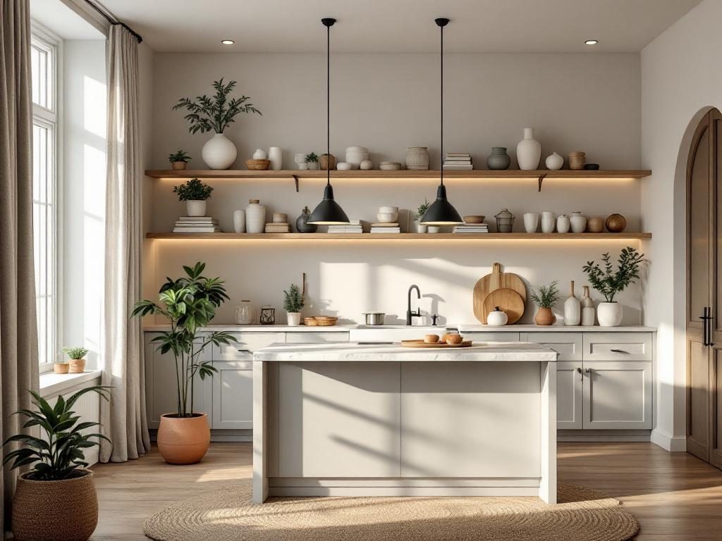 Уютная кухня с открытыми полками и современным освещением